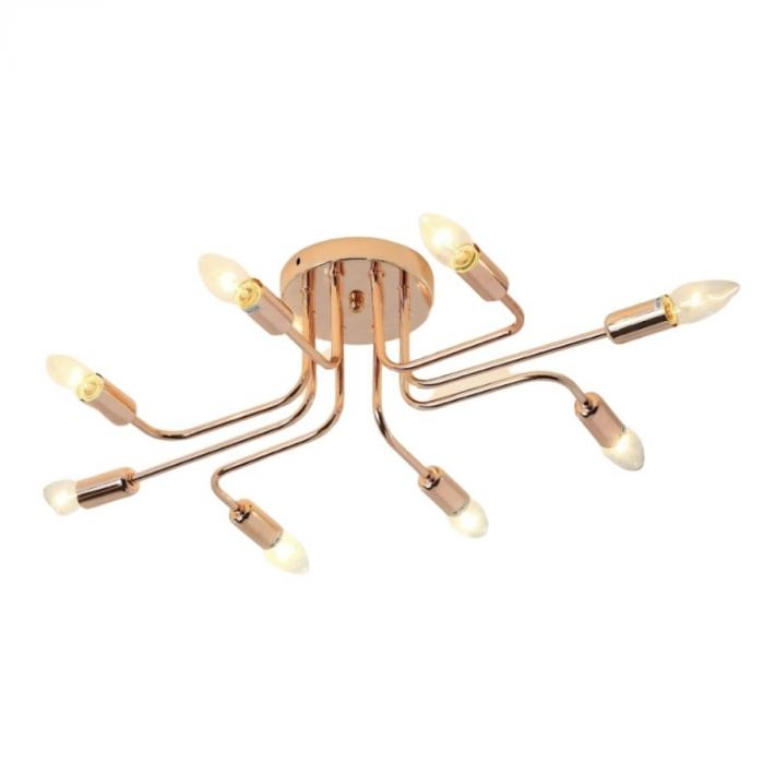 Lustre plafon moderno de 8 hastes em metal rose gold com lâmpadas acesas, ideal para sala de jantar, sala de estar, quartos, lavabos e escritórios DCX013218E27 Lustres Gênesis loja online de Lustres e Iluminação Decorativa